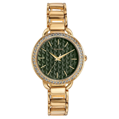 Sonata Wedding Bling Quartz Analog Green Dial Rose Gold Metal Strap Watch for Women