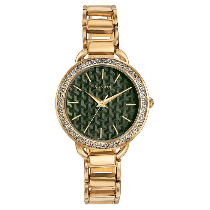 Sonata Wedding Bling Quartz Analog Green Dial Rose Gold Metal Strap Watch for Women