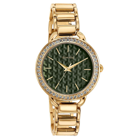 Sonata Wedding Bling Quartz Analog Green Dial Rose Gold Metal Strap Watch for Women