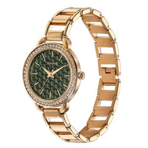 Sonata Wedding Bling Quartz Analog Green Dial Rose Gold Metal Strap Watch for Women
