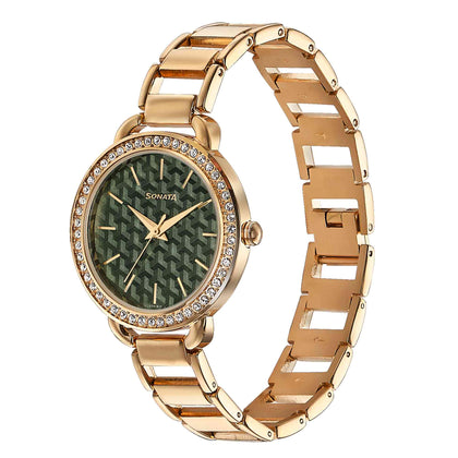 Sonata Wedding Bling Quartz Analog Green Dial Rose Gold Metal Strap Watch for Women
