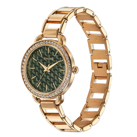 Sonata Wedding Bling Quartz Analog Green Dial Rose Gold Metal Strap Watch for Women