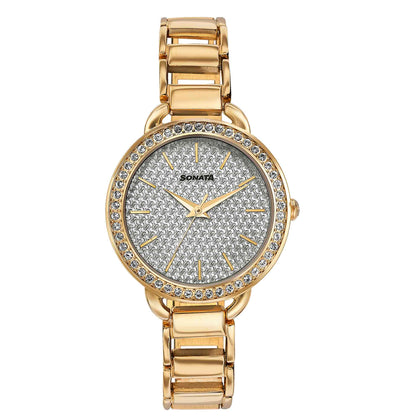Sonata Wedding Bling Quartz Analog Silver Dial Rose Gold Metal Strap Watch for Women
