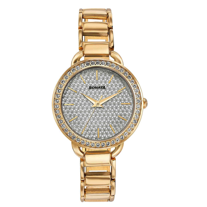 Sonata Wedding Bling Quartz Analog Silver Dial Rose Gold Metal Strap Watch for Women