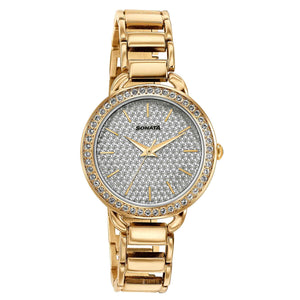 Sonata Wedding Bling Quartz Analog Silver Dial Rose Gold Metal Strap Watch for Women