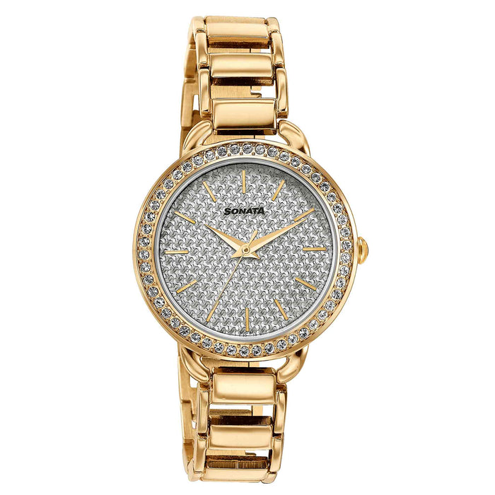 Sonata Wedding Bling Quartz Analog Silver Dial Rose Gold Metal Strap Watch for Women