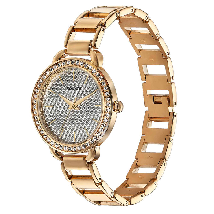 Sonata Wedding Bling Quartz Analog Silver Dial Rose Gold Metal Strap Watch for Women