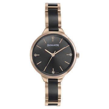 Sonata Black Dial Dual Color Metal Strap Analog Watch for Women