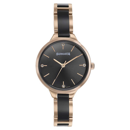 Sonata Black Dial Dual Color Metal Strap Analog Watch for Women