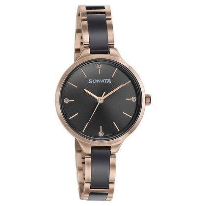 Sonata Black Dial Dual Color Metal Strap Analog Watch for Women