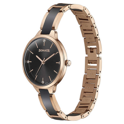 Sonata Black Dial Dual Color Metal Strap Analog Watch for Women