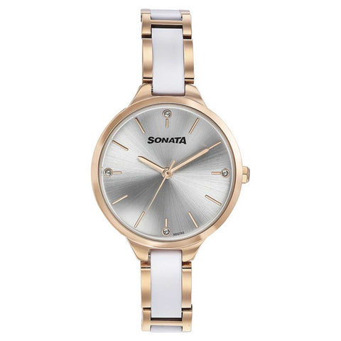 Sonata Quartz Analog Silver Dial Two Toned Stainless Steel Strap Watch For Women