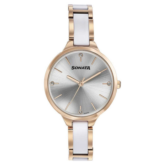 Sonata Quartz Analog Silver Dial Two Toned Stainless Steel Strap Watch For Women