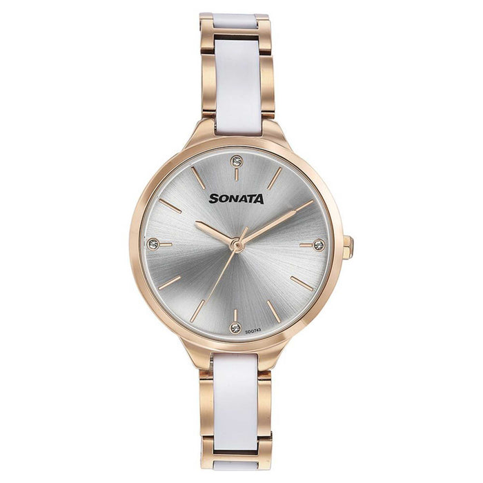 Sonata Quartz Analog Silver Dial Two Toned Stainless Steel Strap Watch For Women