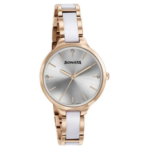 Sonata Quartz Analog Silver Dial Two Toned Stainless Steel Strap Watch For Women