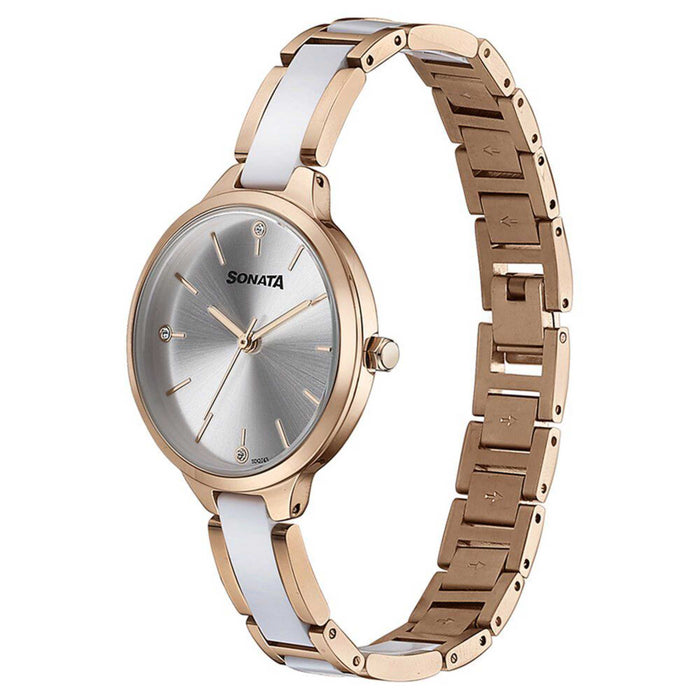 Sonata Quartz Analog Silver Dial Two Toned Stainless Steel Strap Watch For Women