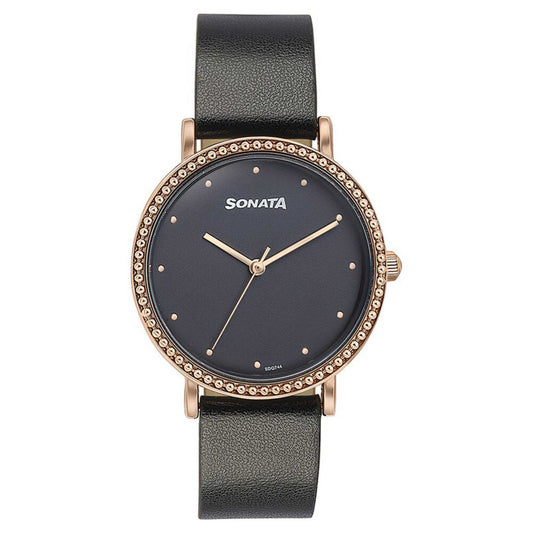 Sonata Quartz Analog Black Dial Black Leather Strap Watch For Women 87066WL01