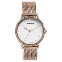 Sonata White Dial Rose Gold Metal Strap Analog Watch for Women