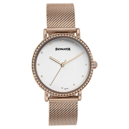 Sonata White Dial Rose Gold Metal Strap Analog Watch for Women