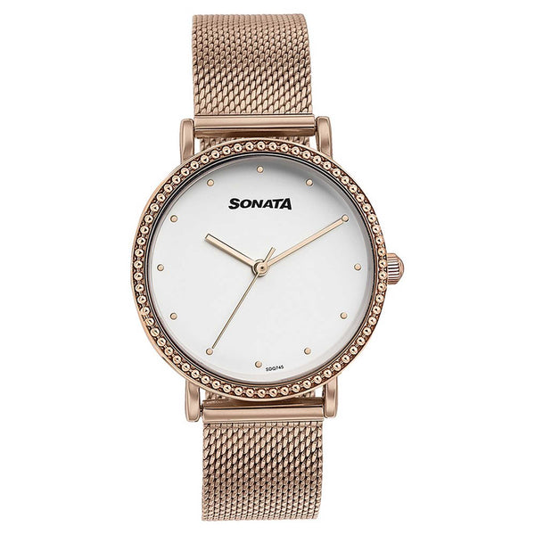 Sonata White Dial Rose Gold Metal Strap Analog Watch for Women