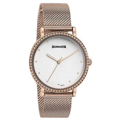Sonata White Dial Rose Gold Metal Strap Analog Watch for Women