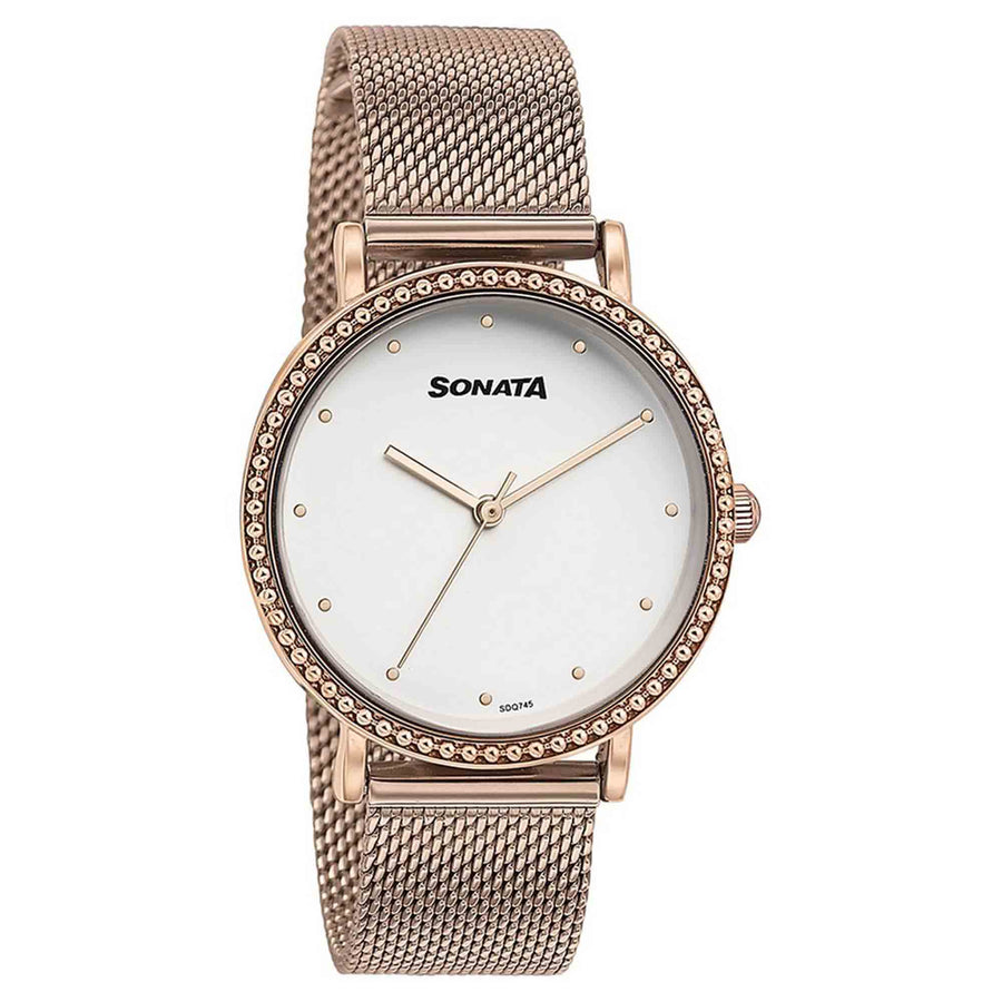 Sonata White Dial Rose Gold Metal Strap Analog Watch for Women
