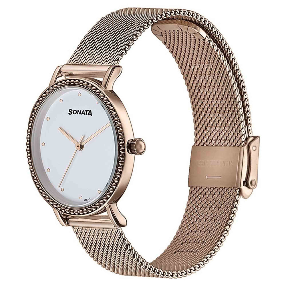 Sonata White Dial Rose Gold Metal Strap Analog Watch for Women