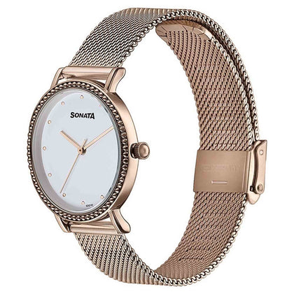 Sonata White Dial Rose Gold Metal Strap Analog Watch for Women