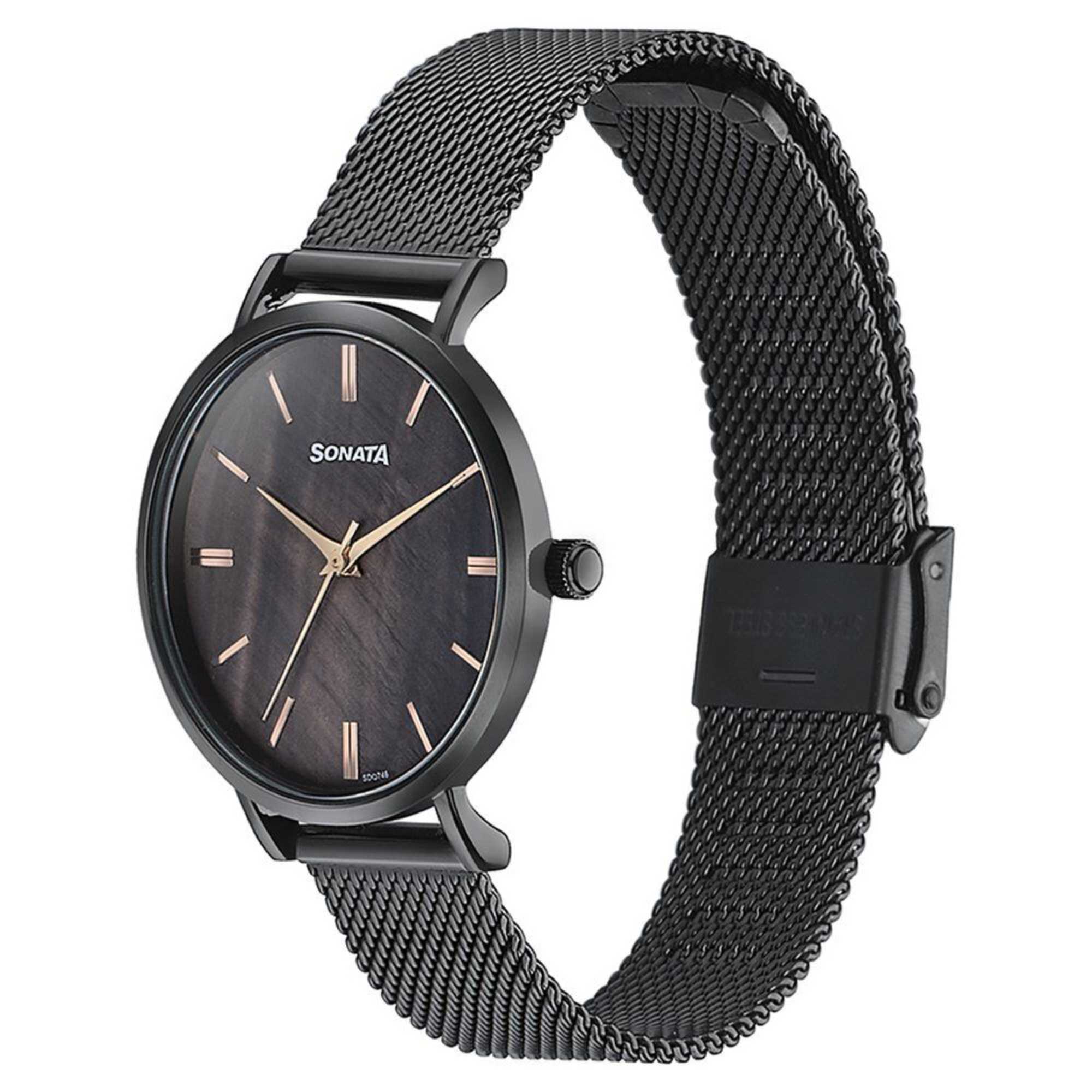 Sota Quartz Alog Black Dial Black Stainless Steel Strap Watch For Women (87067NM01)