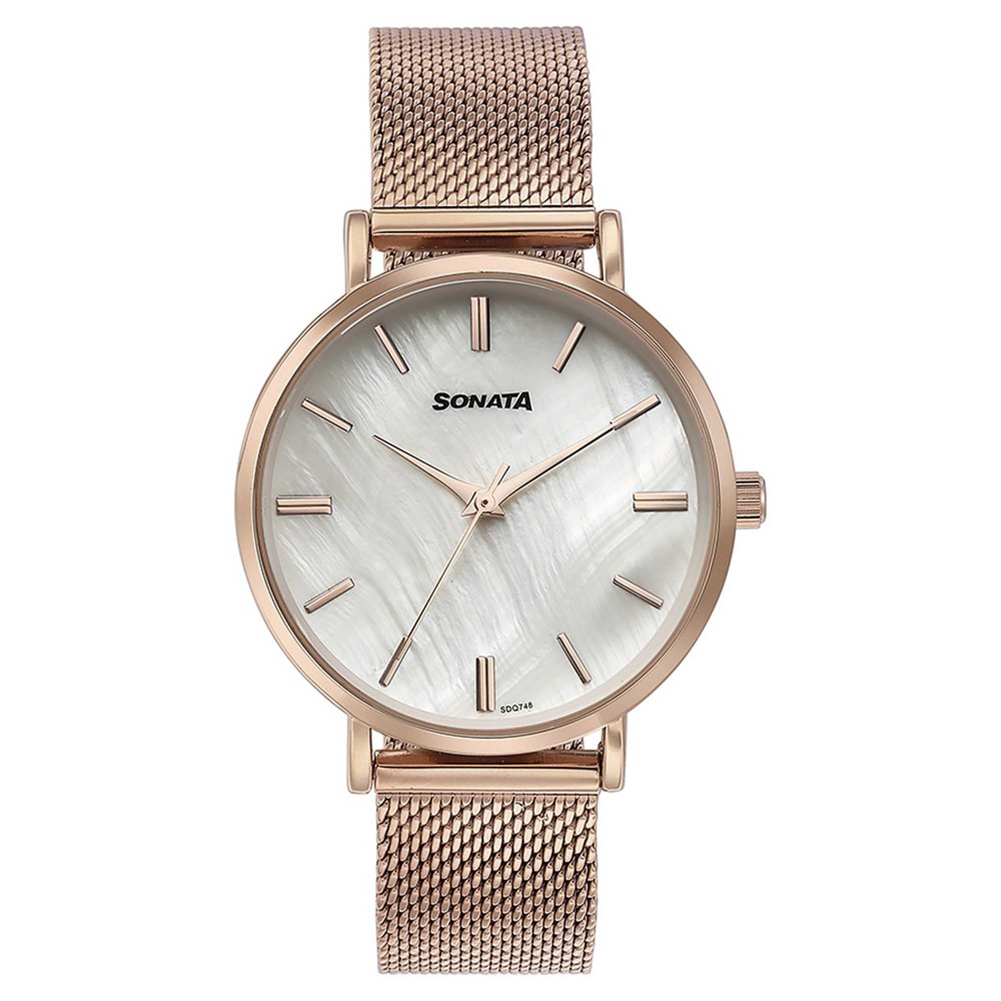 Sonata Quartz Analog White Round Dial Rose Gold Stainless Steel Strap Watch For Women