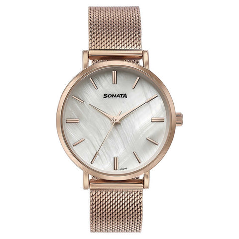 Sonata Quartz Analog White Round Dial Rose Gold Stainless Steel Strap Watch For Women