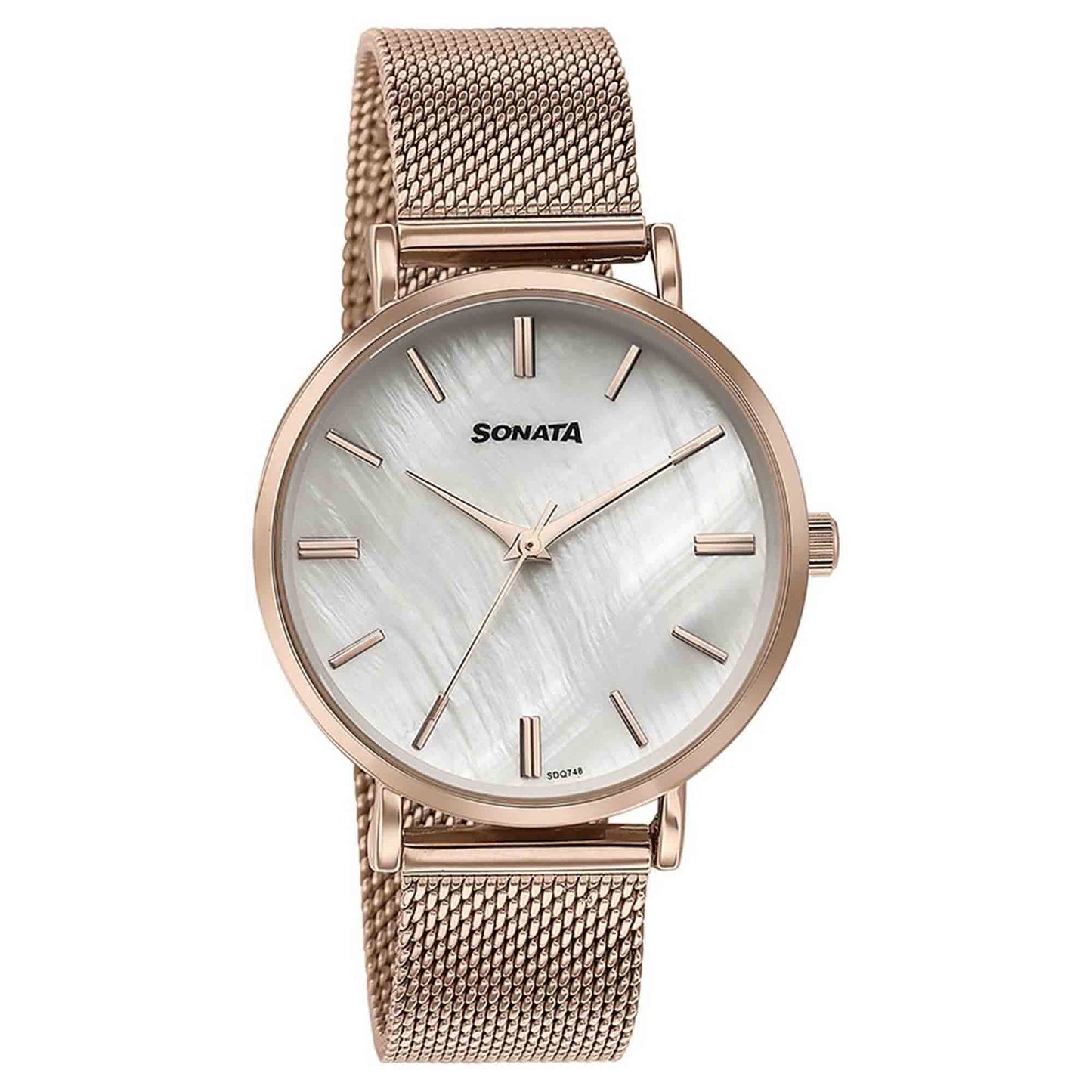 Sonata Quartz Analog White Round Dial Rose Gold Stainless Steel Strap Watch For Women