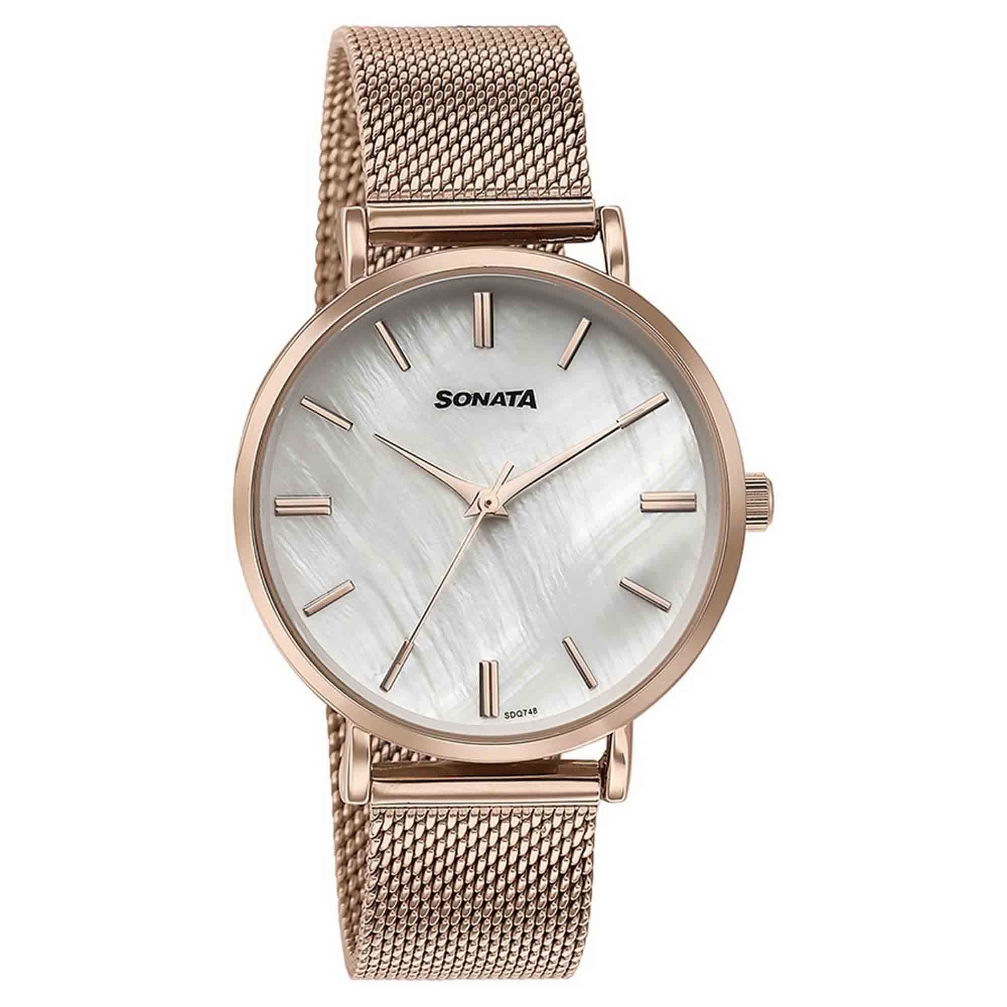 Sonata Quartz Analog White Round Dial Rose Gold Stainless Steel Strap Watch For Women