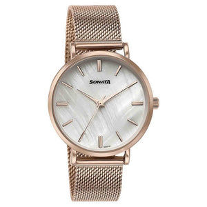 Sonata Quartz Analog White Round Dial Rose Gold Stainless Steel Strap Watch For Women