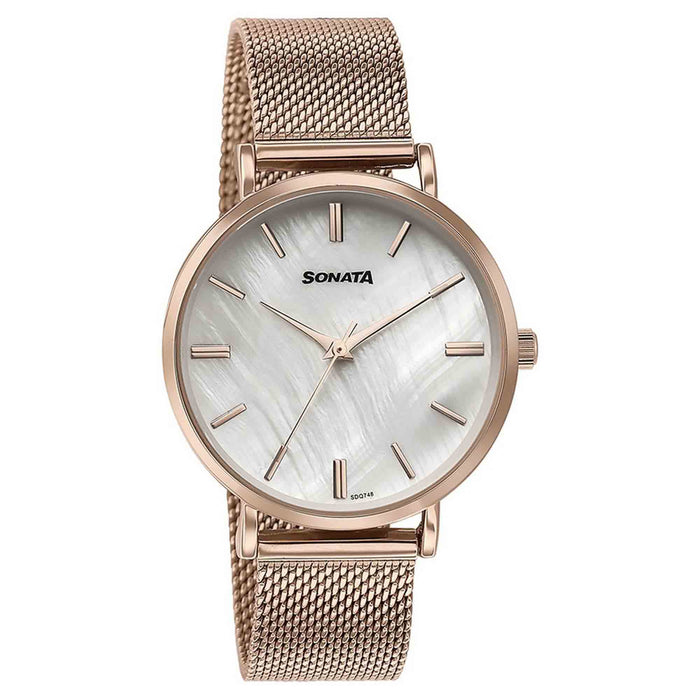 Sonata Quartz Analog White Round Dial Rose Gold Stainless Steel Strap Watch For Women
