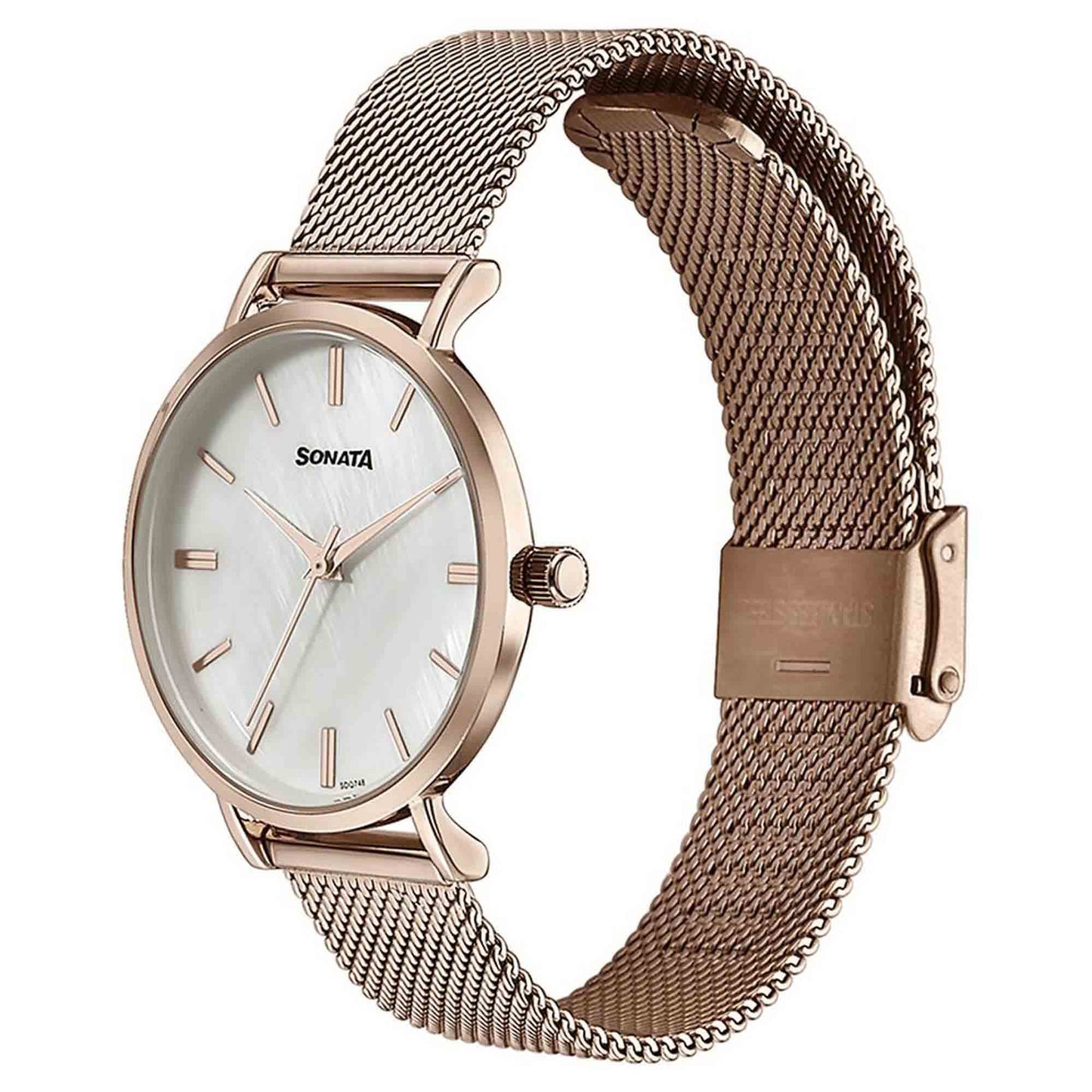 Sonata Quartz Analog White Round Dial Rose Gold Stainless Steel Strap Watch For Women