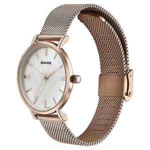 Sonata Quartz Analog White Round Dial Rose Gold Stainless Steel Strap Watch For Women