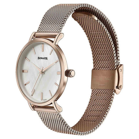Sonata Quartz Analog White Round Dial Rose Gold Stainless Steel Strap Watch For Women
