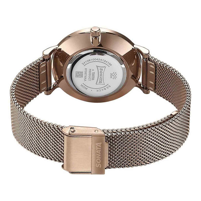 Sonata Quartz Analog White Round Dial Rose Gold Stainless Steel Strap Watch For Women