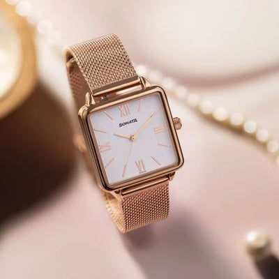 Sonata White Square Dial Rose Gold Metal Strap Analog Watch for Women