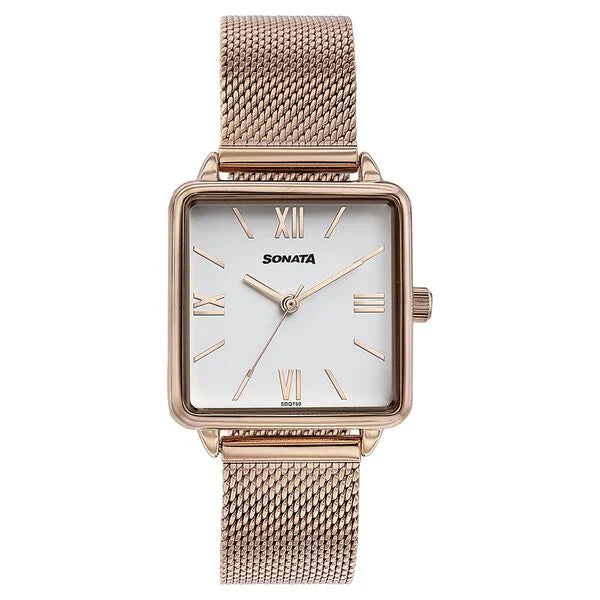 Sonata White Square Dial Rose Gold Metal Strap Analog Watch for Women