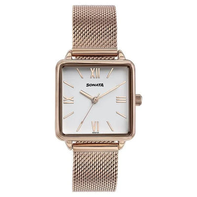 Sonata White Square Dial Rose Gold Metal Strap Analog Watch for Women