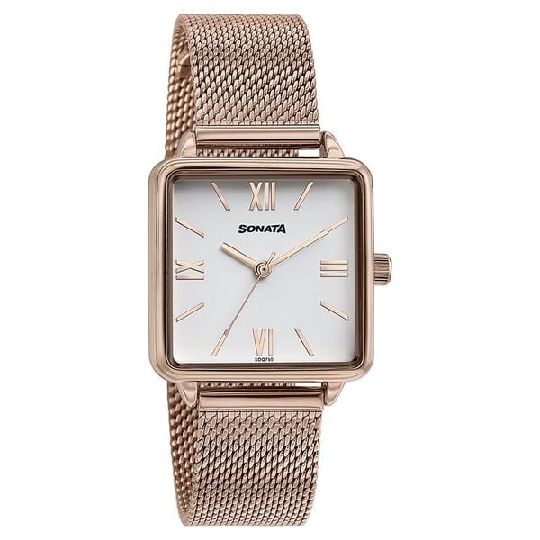 Sonata White Square Dial Rose Gold Metal Strap Analog Watch for Women