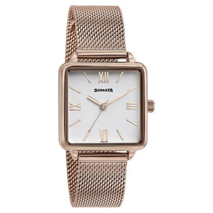 Sonata White Square Dial Rose Gold Metal Strap Analog Watch for Women