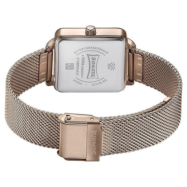 Sonata White Square Dial Rose Gold Metal Strap Analog Watch for Women