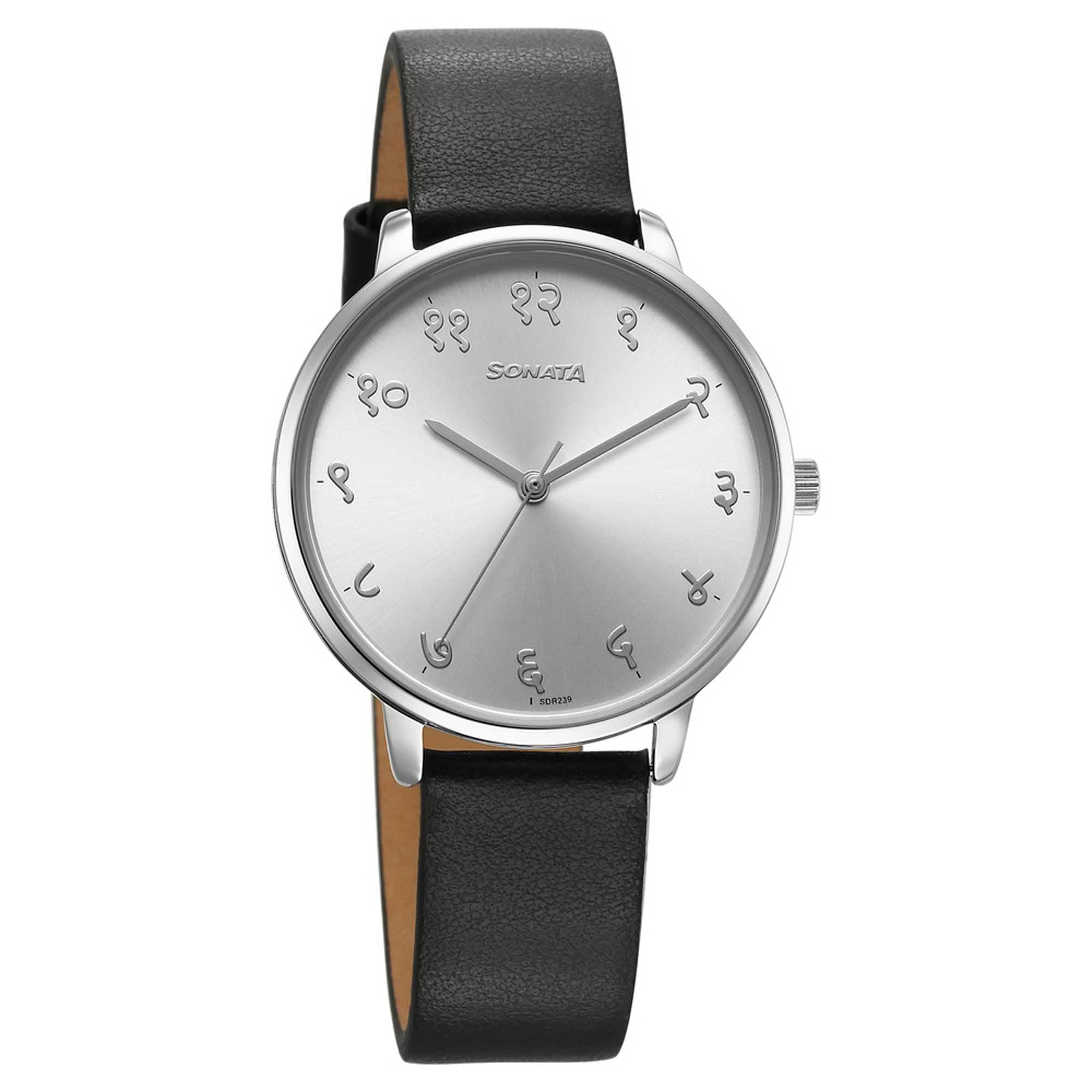 Sonata Silver Hindi Calligraphy Dial Leather Strap Analog Watch For Women