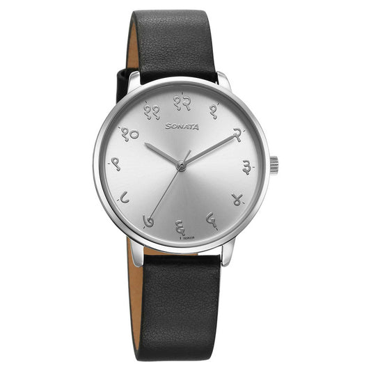 Sonata Silver Hindi Calligraphy Dial Leather Strap Analog Watch For Women