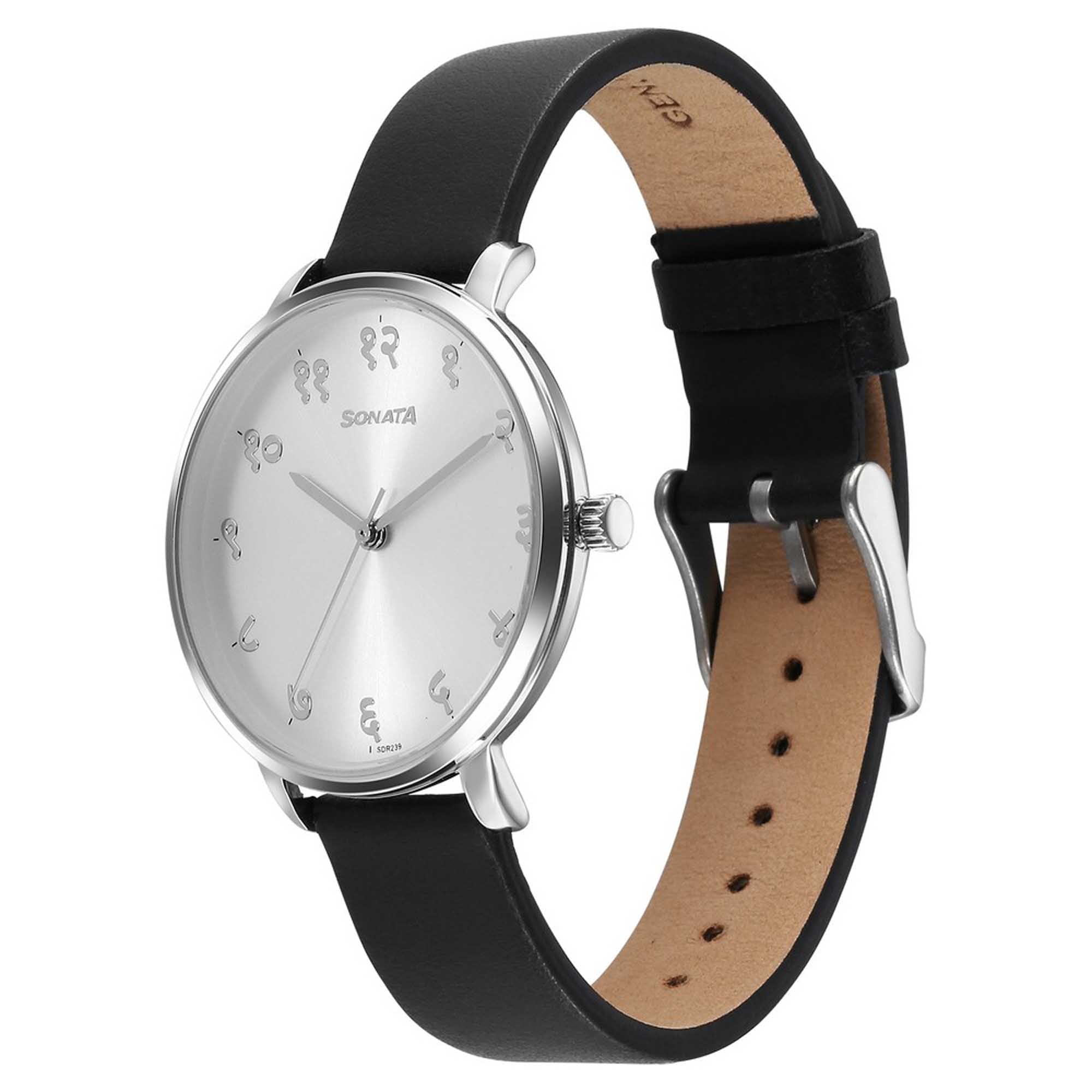Sonata Silver Hindi Calligraphy Dial Leather Strap Analog Watch For Women