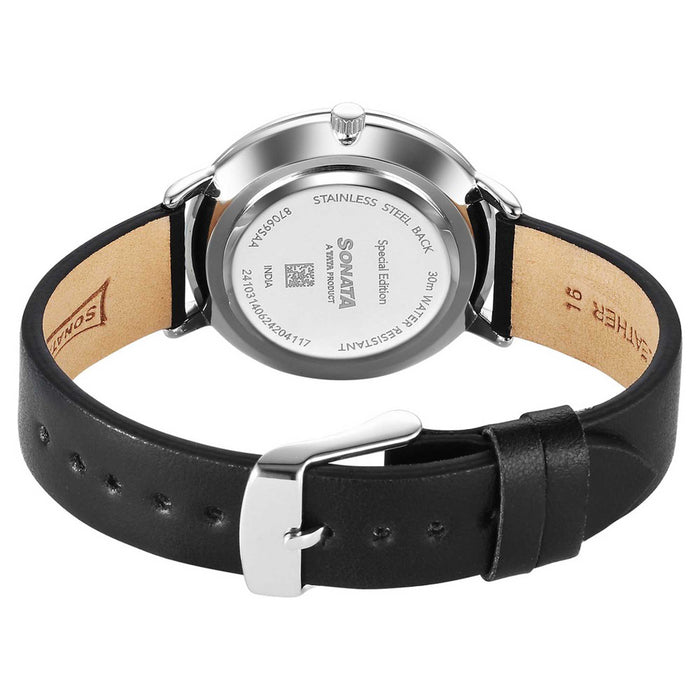 Sonata Silver Hindi Calligraphy Dial Leather Strap Analog Watch For Women