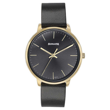 Sonata Quartz Analog Black Dial Black Leather Strap Watch For Women 87069YL01